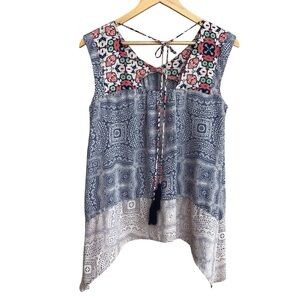 Knox Rose Boho Floral Sleeveless Tassel Tie Top NEW